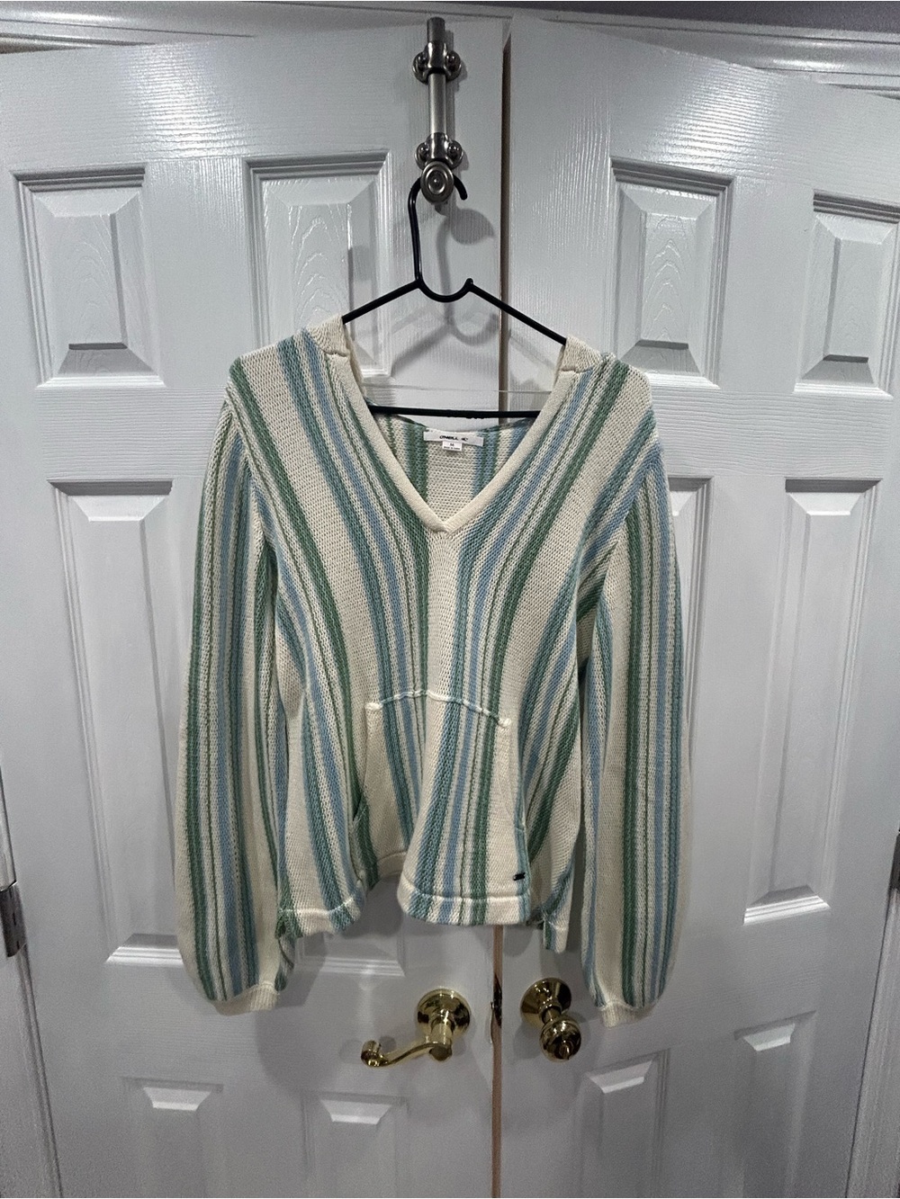 O'Neill Cream V-Neck Hooded Sweater with Blue & Green Stripes